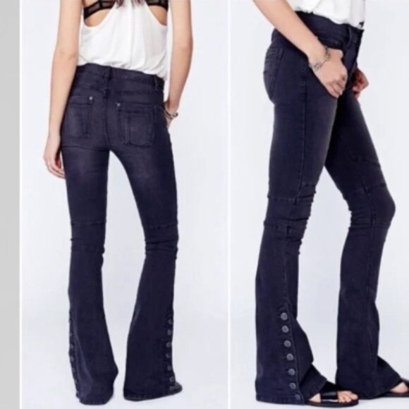 Free People Skylar Moto Syle Side Button Hem Flare Leg Denim Jeans NEW - Picture 1 of 3